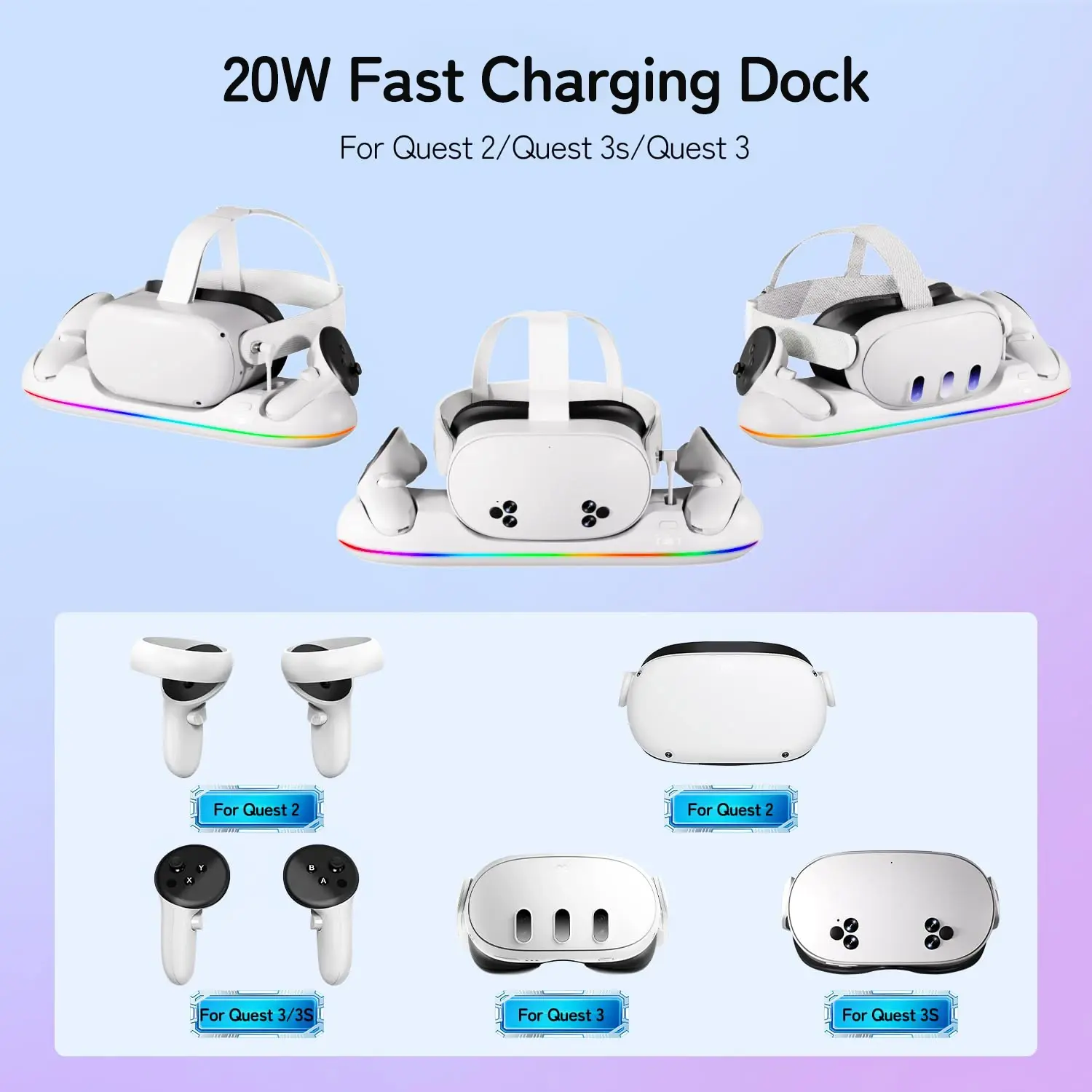 Charging Dock for Oculus/Meta Quest 2/3/3S VR Headset & Controllers 20W Magnetic Charger Station with 2 Rechargeable Batteries