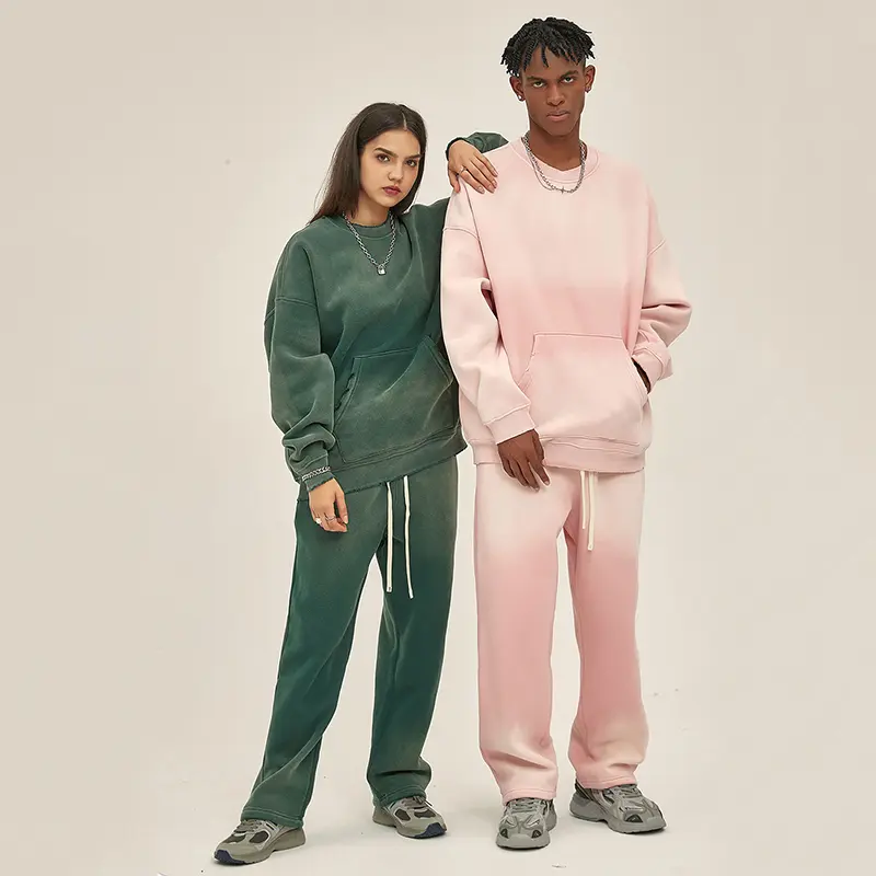 IEFB New Fashion Men's Two-piece Set Autumn Spray Dyeing O-neck Sweatshirt Lace-up Sweatpants Washed Water Male Sets 9W3257