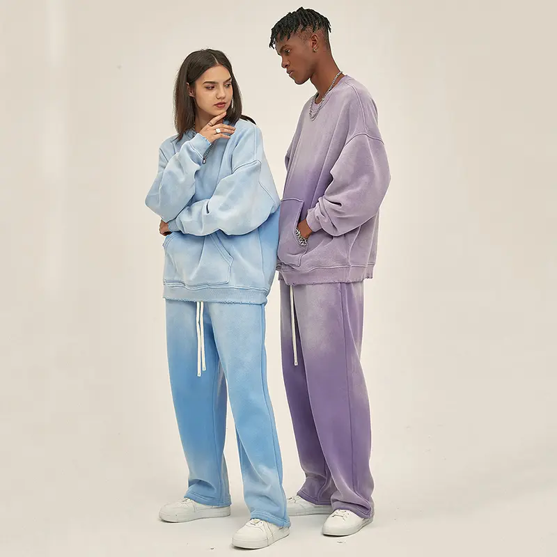 IEFB New Fashion Men's Two-piece Set Autumn Spray Dyeing O-neck Sweatshirt Lace-up Sweatpants Washed Water Male Sets 9W3257