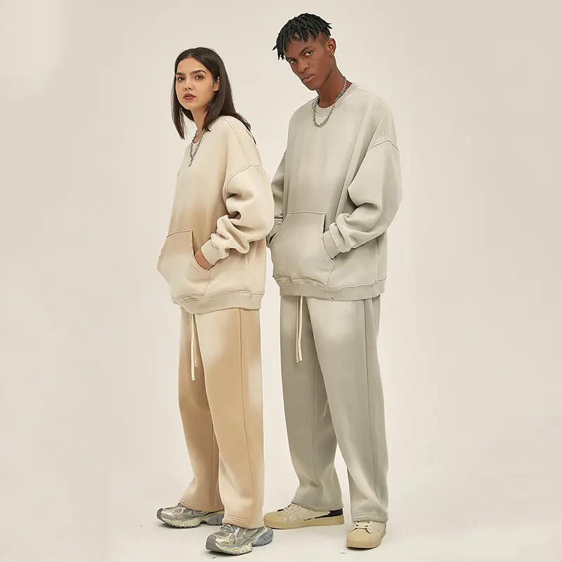 IEFB New Fashion Men's Two-piece Set Autumn Spray Dyeing O-neck Sweatshirt Lace-up Sweatpants Washed Water Male Sets 9W3257