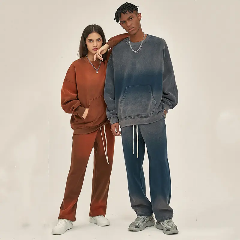 IEFB New Fashion Men's Two-piece Set Autumn Spray Dyeing O-neck Sweatshirt Lace-up Sweatpants Washed Water Male Sets 9W3257