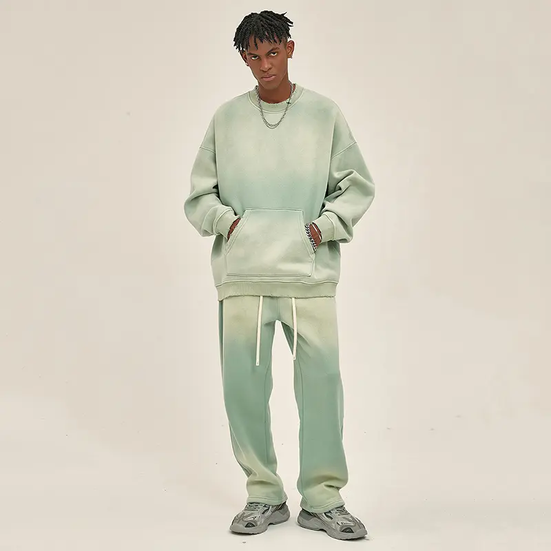 IEFB New Fashion Men's Two-piece Set Autumn Spray Dyeing O-neck Sweatshirt Lace-up Sweatpants Washed Water Male Sets 9W3257