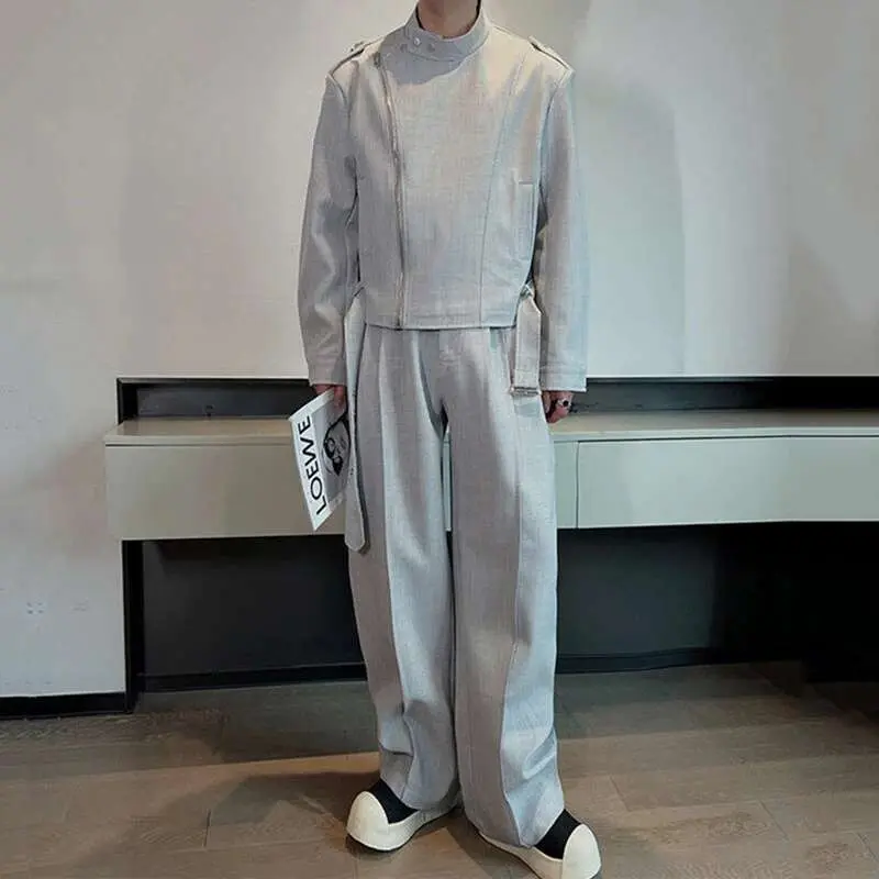 IEFB Spring Men's Pants Set Solid Color Design Single Breasted Stand Collar Jacket Male Curved Knife Wide Leg Trousers 9W1414