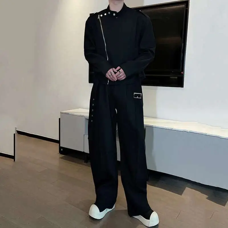 IEFB Spring Men's Pants Set Solid Color Design Single Breasted Stand Collar Jacket Male Curved Knife Wide Leg Trousers 9W1414