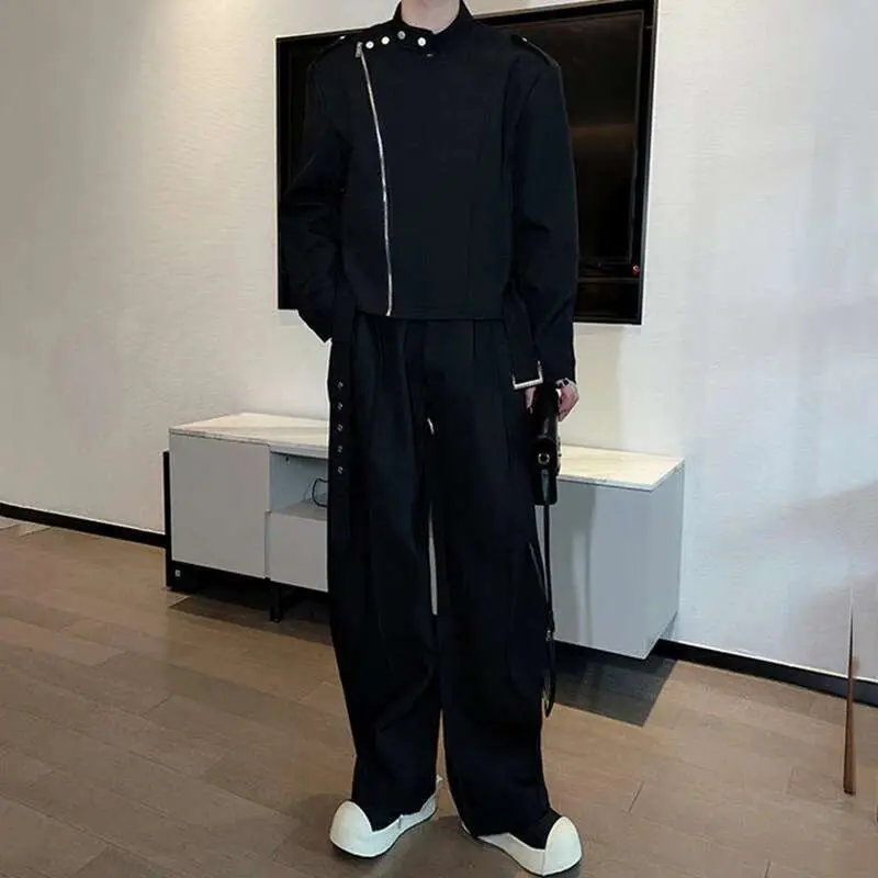 IEFB Spring Men's Pants Set Solid Color Design Single Breasted Stand Collar Jacket Male Curved Knife Wide Leg Trousers 9W1414