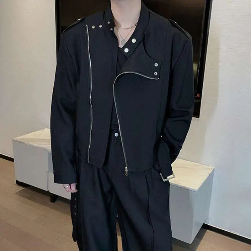 IEFB Spring Men's Pants Set Solid Color Design Single Breasted Stand Collar Jacket Male Curved Knife Wide Leg Trousers 9W1414