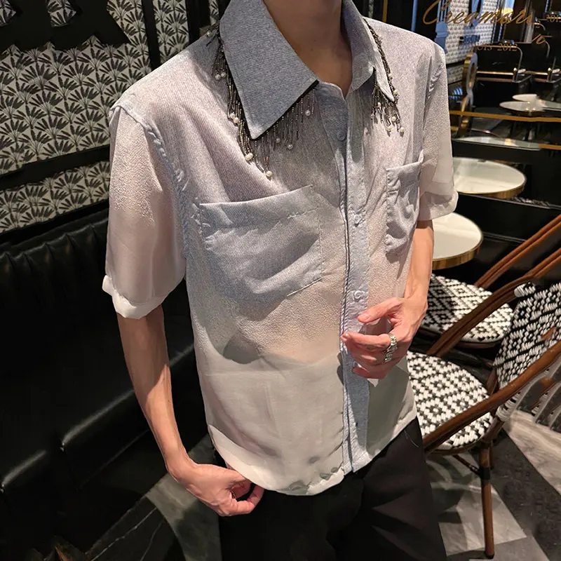 IEFB Niche Design Gradient Color Male Shirt Faux Denim Tassel Mesh Beaded Turn-down Collar Short Sleeve Men Shirts Summer 9W3681