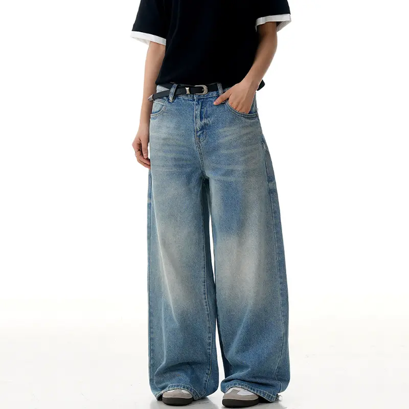 IEFB New Fashion Men's Wear Denim Pants Washed Bamboo Joint Pattern Baggy Men Loose Wide Leg Jeans Oversized Distressed 9W3002