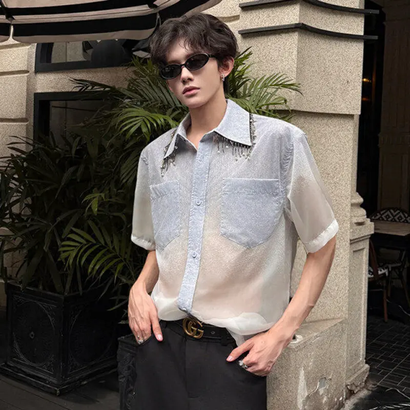 IEFB Niche Design Gradient Color Male Shirt Faux Denim Tassel Mesh Beaded Turn-down Collar Short Sleeve Men Shirts Summer 9W3681