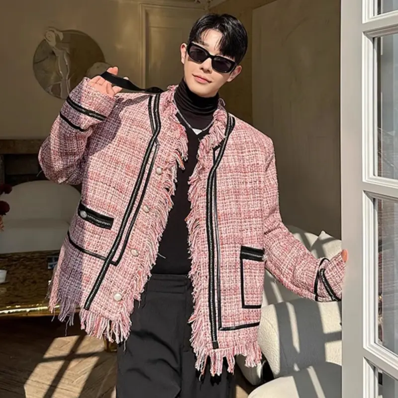 IEFB Niche Design Men's Jackets Round Collar Contrast Color Plaid Design Single Breasted Raw Edge Loose Male Coats New 9W3500