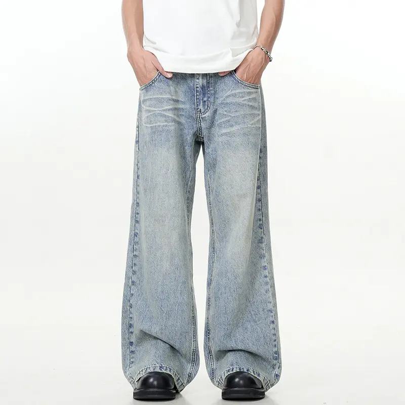 IEFB American Style Male Denim Pants Washed Double Waistband Jeans Men New Stylish Versatile Straight Trousers Summer 9W3065