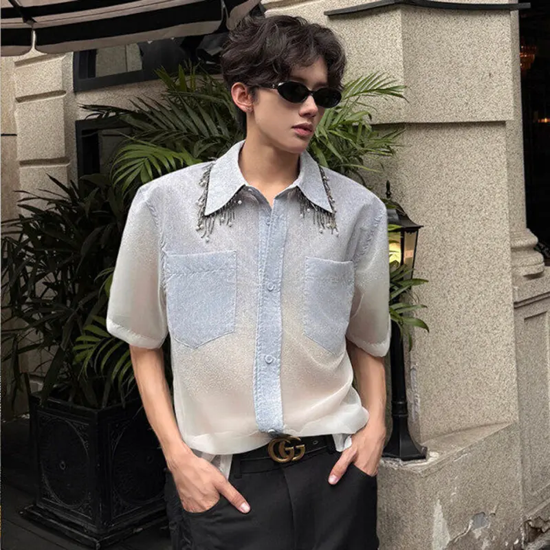 IEFB Niche Design Gradient Color Male Shirt Faux Denim Tassel Mesh Beaded Turn-down Collar Short Sleeve Men Shirts Summer 9W3681