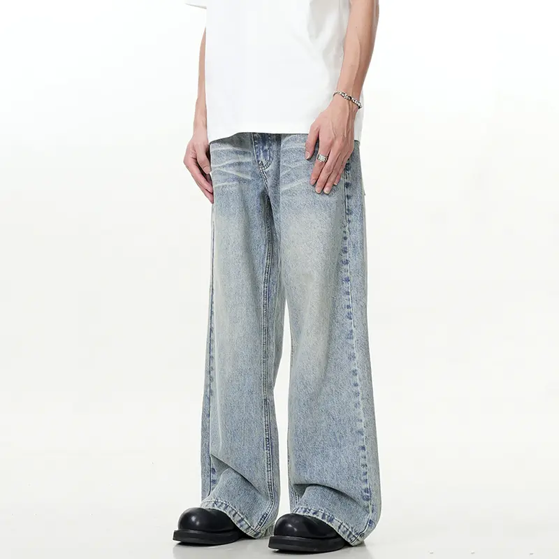 IEFB American Style Male Denim Pants Washed Double Waistband Jeans Men New Stylish Versatile Straight Trousers Summer 9W3065