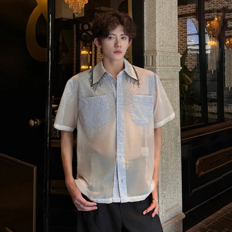 IEFB Niche Design Gradient Color Male Shirt Faux Denim Tassel Mesh Beaded Turn-down Collar Short Sleeve Men Shirts Summer 9W3681