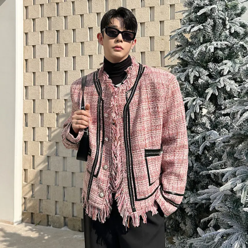 IEFB Niche Design Men's Jackets Round Collar Contrast Color Plaid Design Single Breasted Raw Edge Loose Male Coats New 9W3500