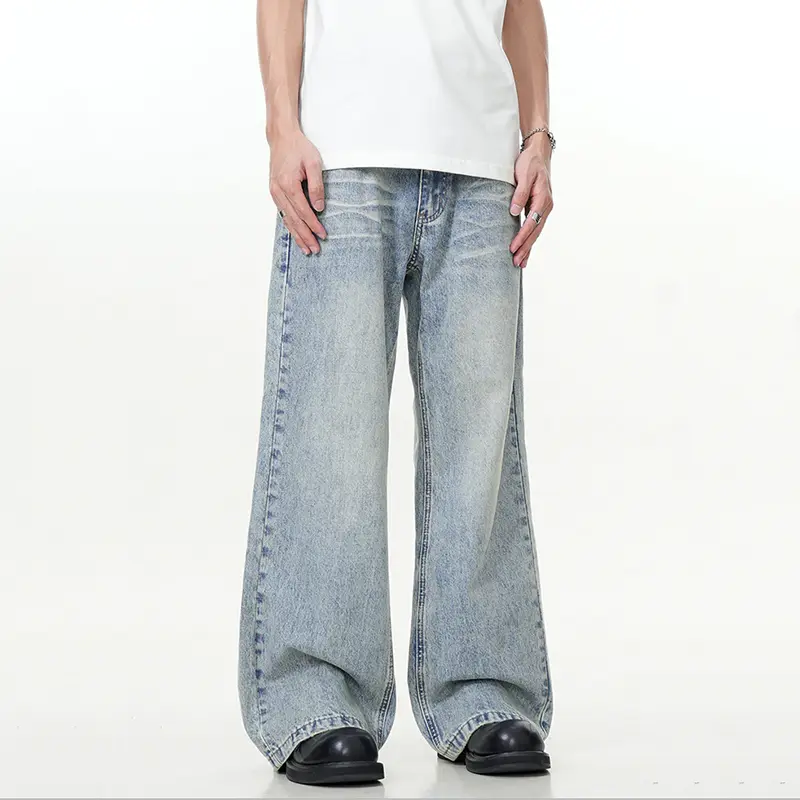 IEFB American Style Male Denim Pants Washed Double Waistband Jeans Men New Stylish Versatile Straight Trousers Summer 9W3065