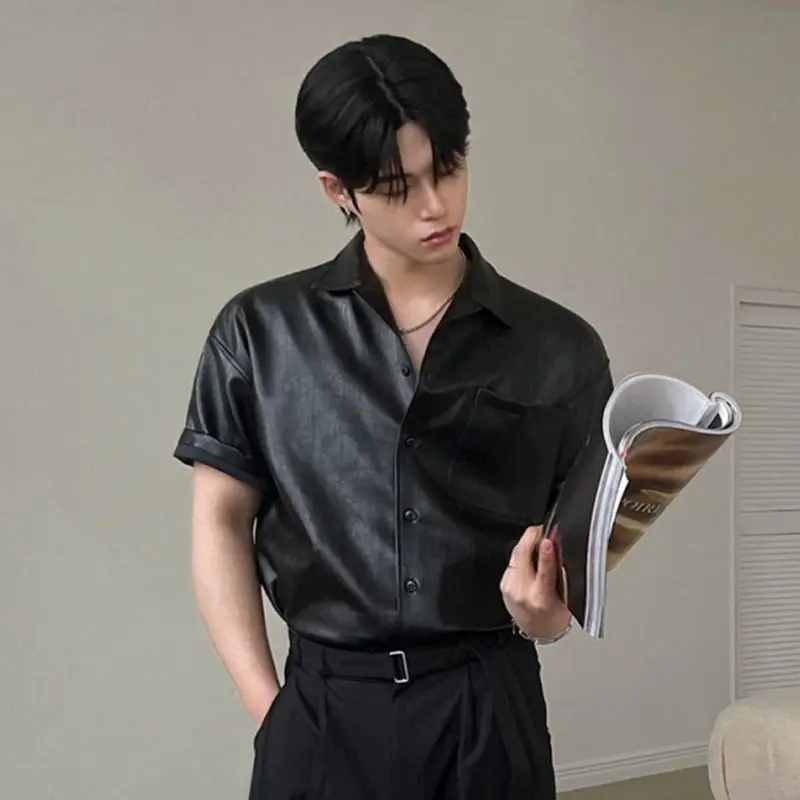 IEFB PU Leather Men's Short Sleeve Shirt Summer Korean New Chic Male Shirt Korean Handsome Lapel Loose Trendy Top 9W1628
