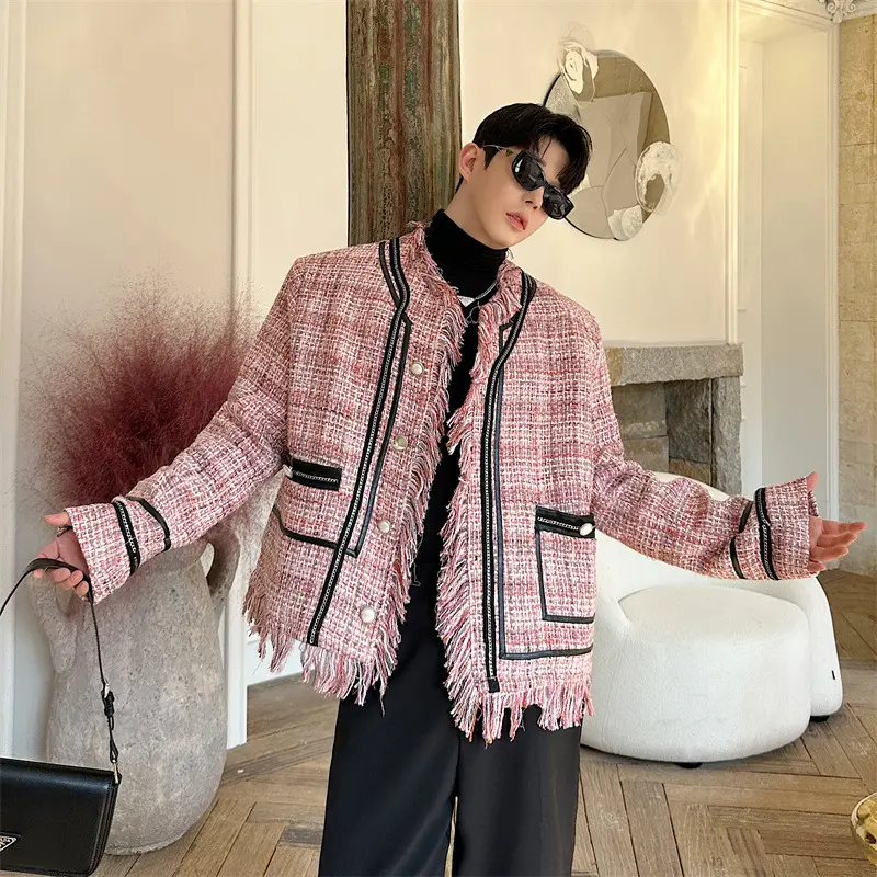 IEFB Niche Design Men's Jackets Round Collar Contrast Color Plaid Design Single Breasted Raw Edge Loose Male Coats New 9W3500