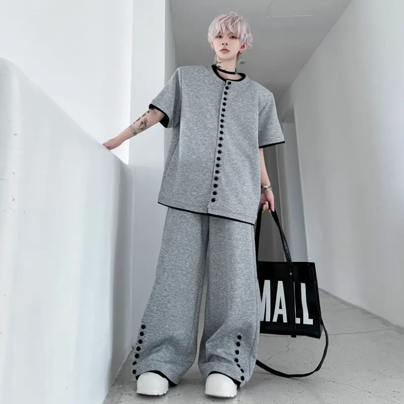 IEFB Niche Design Men's Sets Round Collar Single Breasted Short Sleeve Sweatshirts Contrast Color Straight Leg Male Pants 9W2600