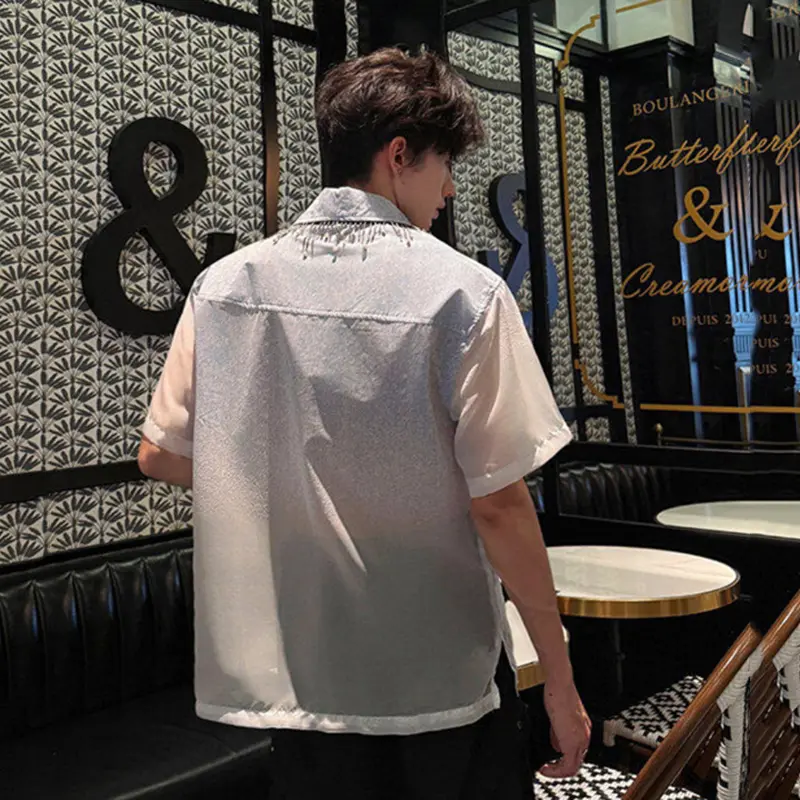 IEFB Niche Design Gradient Color Male Shirt Faux Denim Tassel Mesh Beaded Turn-down Collar Short Sleeve Men Shirts Summer 9W3681