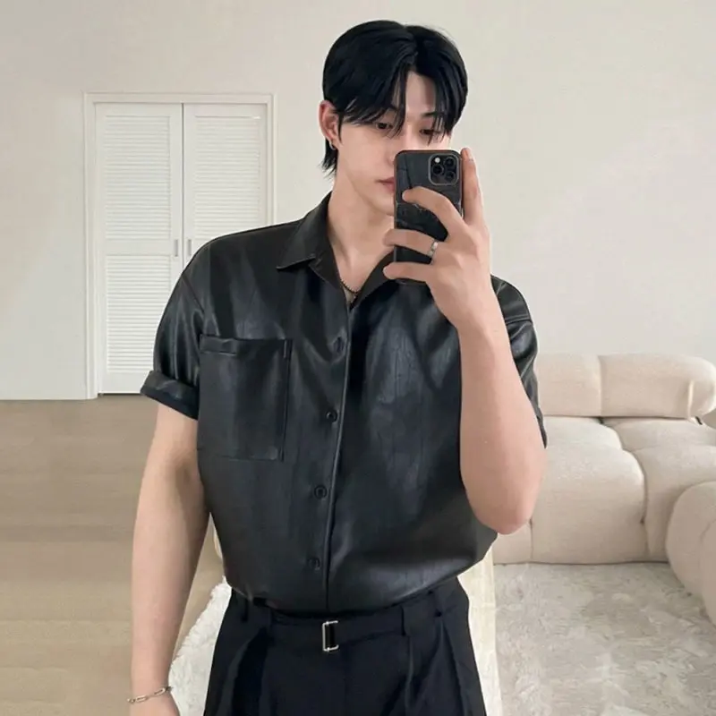 IEFB PU Leather Men's Short Sleeve Shirt Summer Korean New Chic Male Shirt Korean Handsome Lapel Loose Trendy Top 9W1628