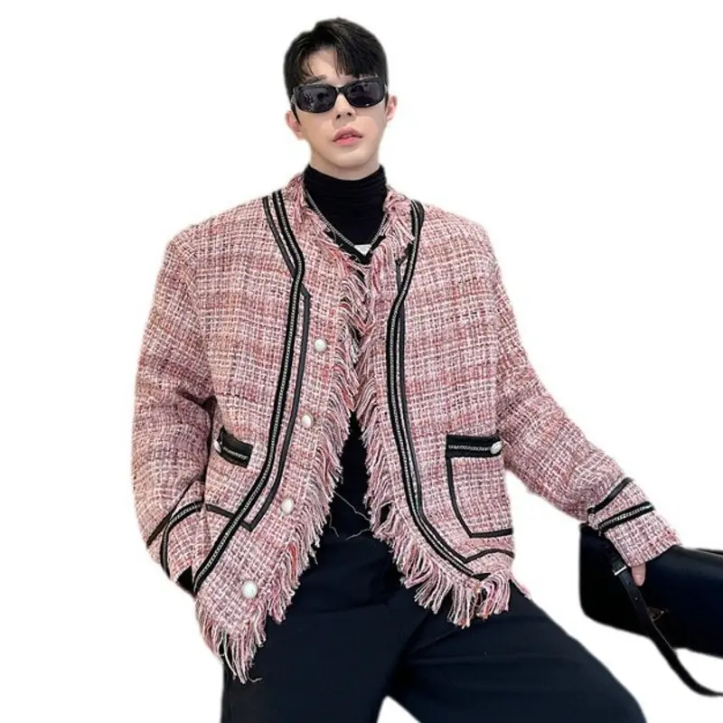 IEFB Niche Design Men's Jackets Round Collar Contrast Color Plaid Design Single Breasted Raw Edge Loose Male Coats New 9W3500