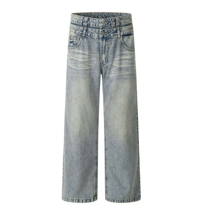 IEFB American Style Male Denim Pants Washed Double Waistband Jeans Men New Stylish Versatile Straight Trousers Summer 9W3065
