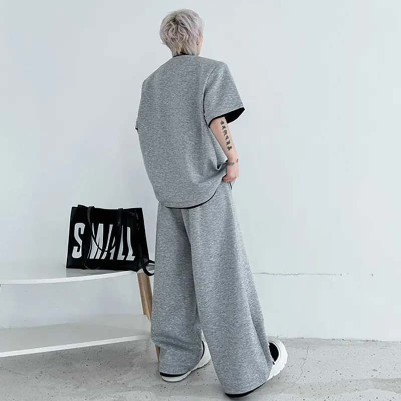 IEFB Niche Design Men's Sets Round Collar Single Breasted Short Sleeve Sweatshirts Contrast Color Straight Leg Male Pants 9W2600