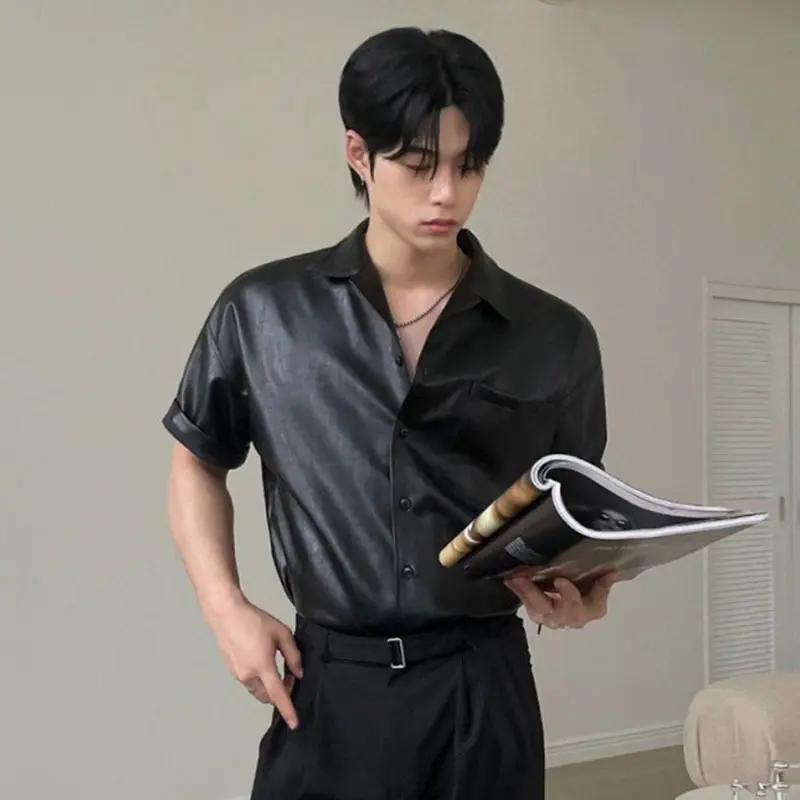 IEFB PU Leather Men's Short Sleeve Shirt Summer Korean New Chic Male Shirt Korean Handsome Lapel Loose Trendy Top 9W1628