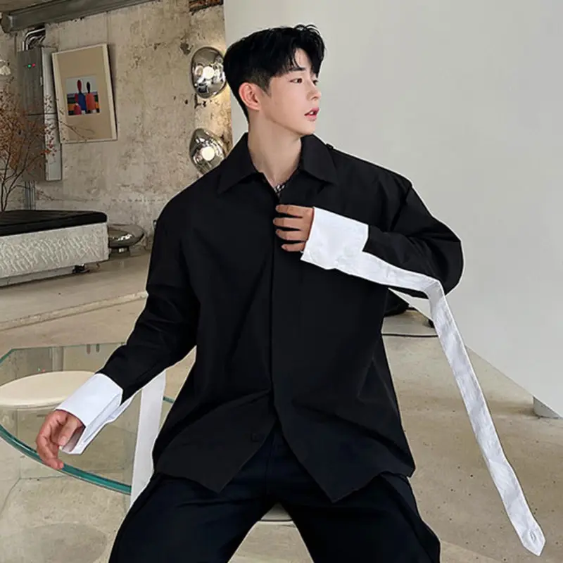 IEFB Ribbon Spliecd Korean Style Men's Shirt Autumn Elegance Male Clothing Contrast Color Long Sleeve Tops Fashion 9C1566