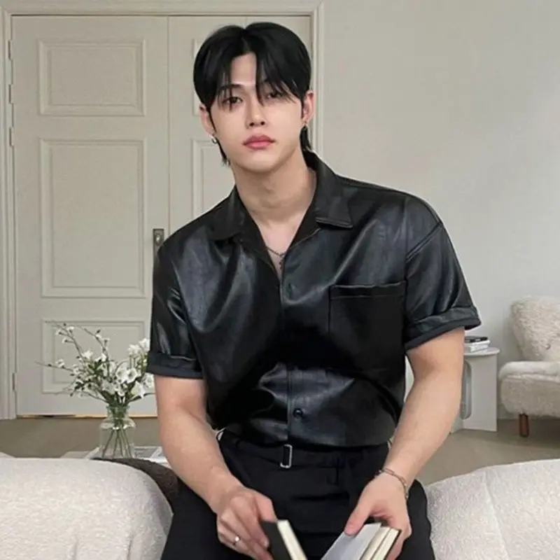 IEFB PU Leather Men's Short Sleeve Shirt Summer Korean New Chic Male Shirt Korean Handsome Lapel Loose Trendy Top 9W1628