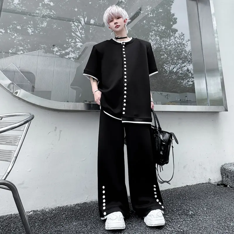 IEFB Niche Design Men's Sets Round Collar Single Breasted Short Sleeve Sweatshirts Contrast Color Straight Leg Male Pants 9W2600