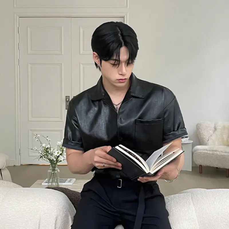 IEFB PU Leather Men's Short Sleeve Shirt Summer Korean New Chic Male Shirt Korean Handsome Lapel Loose Trendy Top 9W1628