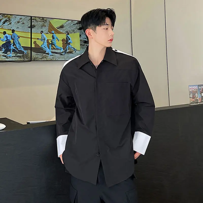 IEFB Ribbon Spliecd Korean Style Men's Shirt Autumn Elegance Male Clothing Contrast Color Long Sleeve Tops Fashion 9C1566