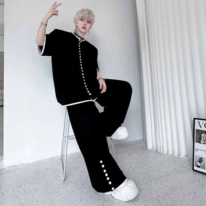 IEFB Niche Design Men's Sets Round Collar Single Breasted Short Sleeve Sweatshirts Contrast Color Straight Leg Male Pants 9W2600