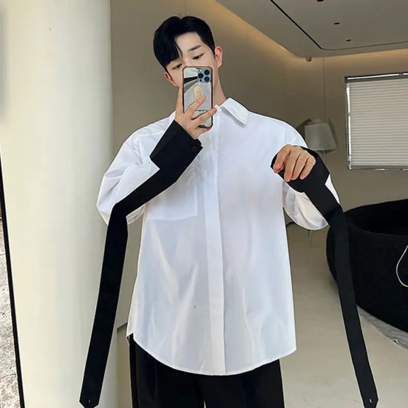 IEFB Ribbon Spliecd Korean Style Men's Shirt Autumn Elegance Male Clothing Contrast Color Long Sleeve Tops Fashion 9C1566