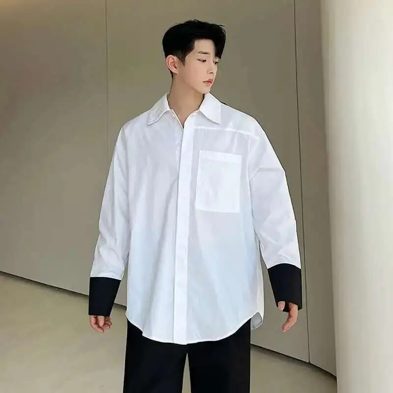 IEFB Ribbon Spliecd Korean Style Men's Shirt Autumn Elegance Male Clothing Contrast Color Long Sleeve Tops Fashion 9C1566