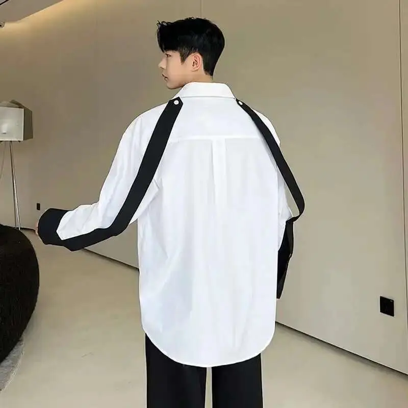 IEFB Ribbon Spliecd Korean Style Men's Shirt Autumn Elegance Male Clothing Contrast Color Long Sleeve Tops Fashion 9C1566