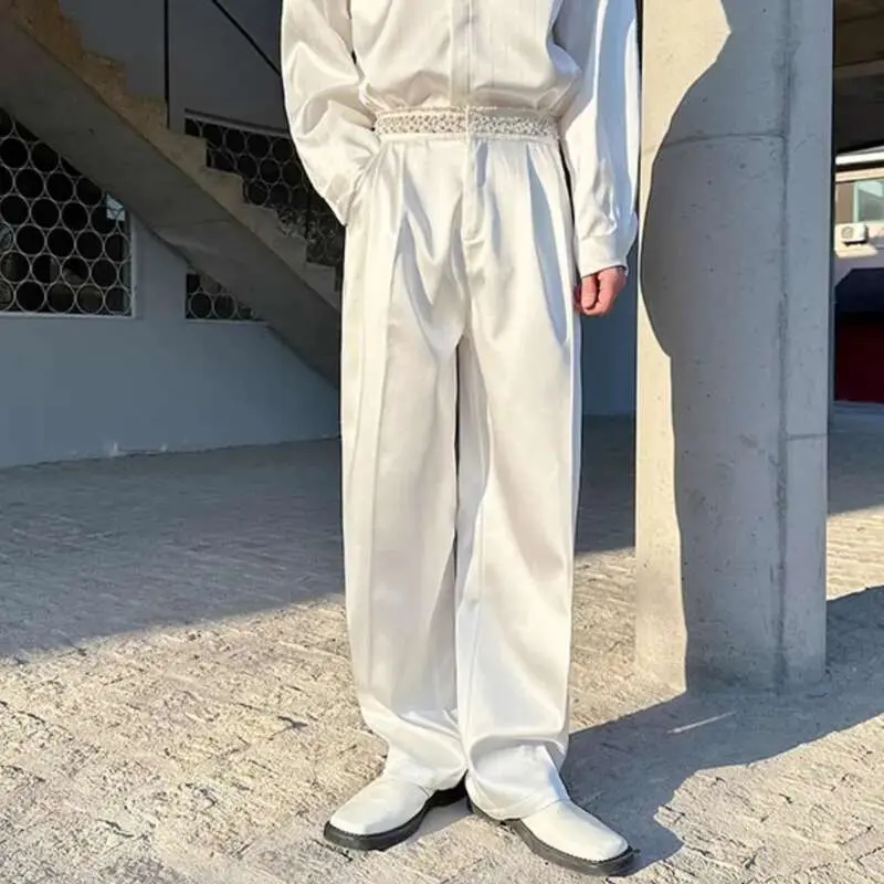 IEFB Pearl Diamond Design Men's Suit Pants Niche Satin Solid Color Casual Pleated Straight Wide Leg Male Trousers Tide 9W751