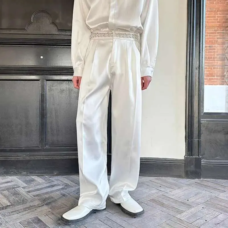 IEFB Pearl Diamond Design Men's Suit Pants Niche Satin Solid Color Casual Pleated Straight Wide Leg Male Trousers Tide 9W751