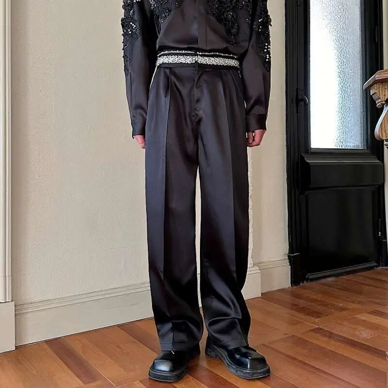 IEFB Pearl Diamond Design Men's Suit Pants Niche Satin Solid Color Casual Pleated Straight Wide Leg Male Trousers Tide 9W751