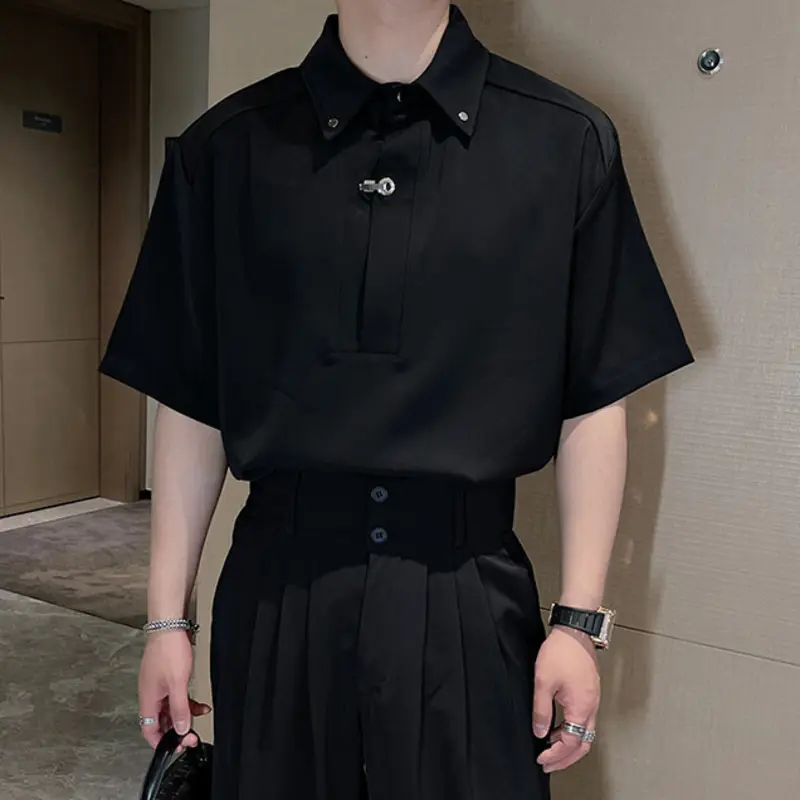 IEFB Niche Design Men's Shirts Lapel Metal Buckle Short Sleeved Solid Color Casual Male Tops Pullover Loose Menswear Chic 9W3044