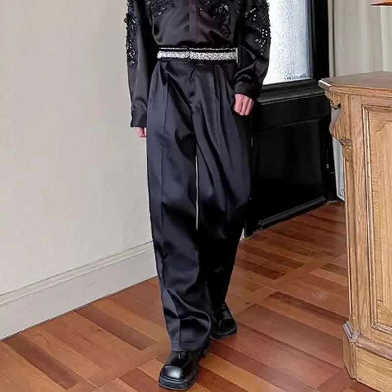 IEFB Pearl Diamond Design Men's Suit Pants Niche Satin Solid Color Casual Pleated Straight Wide Leg Male Trousers Tide 9W751