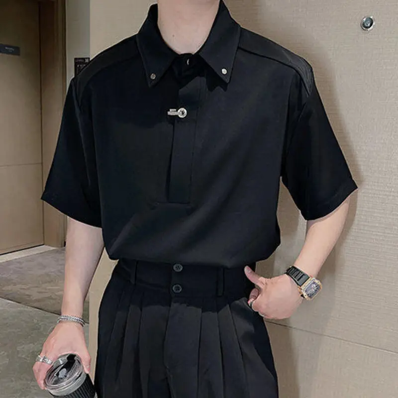 IEFB Niche Design Men's Shirts Lapel Metal Buckle Short Sleeved Solid Color Casual Male Tops Pullover Loose Menswear Chic 9W3044