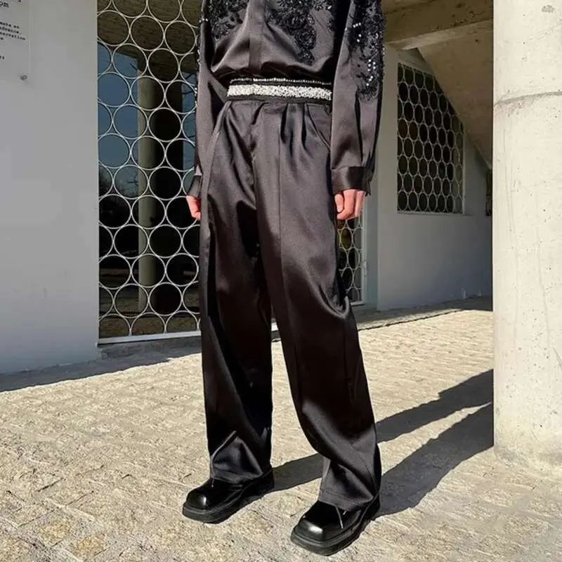 IEFB Pearl Diamond Design Men's Suit Pants Niche Satin Solid Color Casual Pleated Straight Wide Leg Male Trousers Tide 9W751