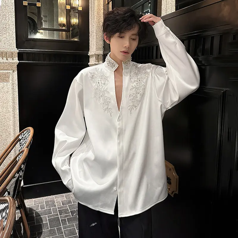 IEFB Niche Design Men's Shirts Sequins Embroidery Solid Color Lapel Casual Long Sleeved Single Breasted Loose Male Tops 9W2390