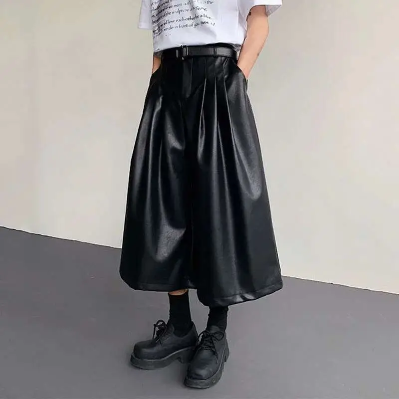 IEFB Men's PU Leather Shorts New American Style Wide Leg Solid Color Men Bottoms Male Trendy Loose Seven Quarter Pants 9W1521