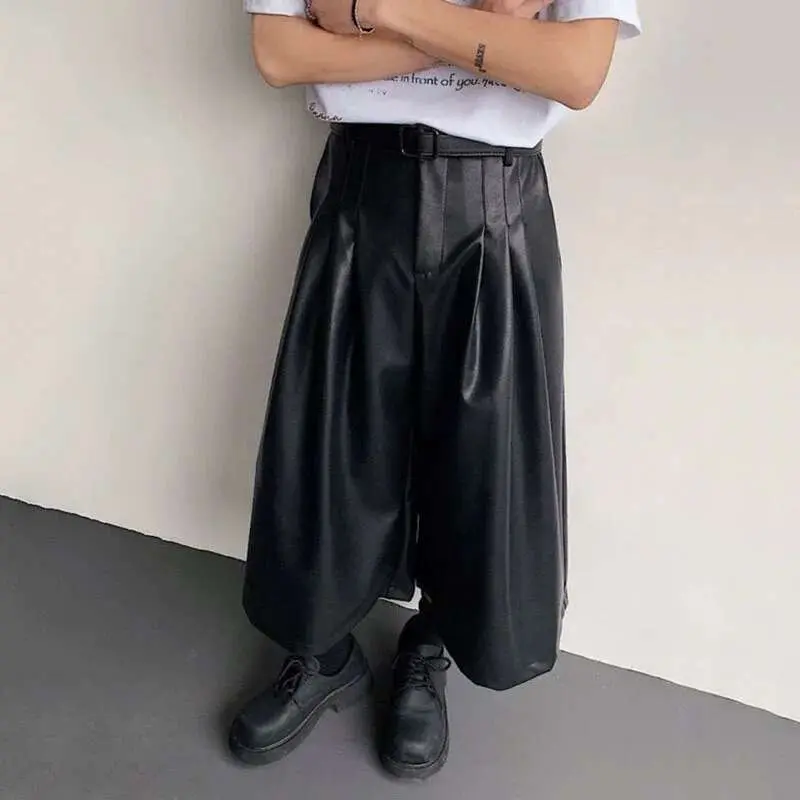 IEFB Men's PU Leather Shorts New American Style Wide Leg Solid Color Men Bottoms Male Trendy Loose Seven Quarter Pants 9W1521