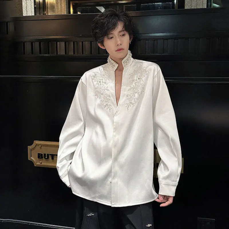 IEFB Niche Design Men's Shirts Sequins Embroidery Solid Color Lapel Casual Long Sleeved Single Breasted Loose Male Tops 9W2390