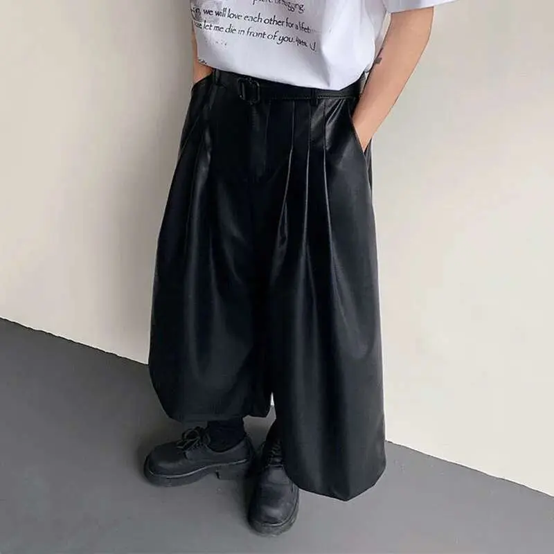 IEFB Men's PU Leather Shorts New American Style Wide Leg Solid Color Men Bottoms Male Trendy Loose Seven Quarter Pants 9W1521